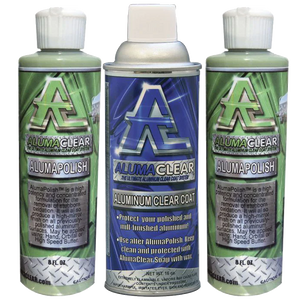 Alumaclear Spray Can + AlumaPolish Green & Blue - Complete Aluminum Protection & Shine Kit